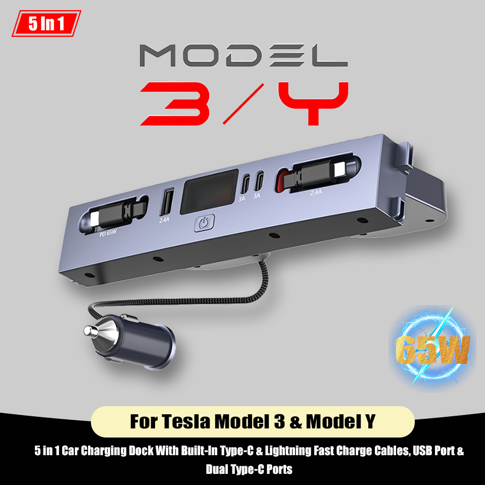 ドッキングステーションテスラモデル 3/Y 65 ワット急速充電器 USB シャントハブ拡張センターコンソールスマートセンサーカーライターソケット
