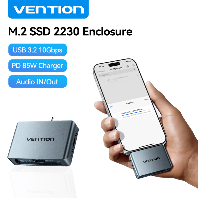 Vention 2230 M.2 NVMe SSD エンクロージャ USB C 3.2 Gen2 10Gbps M.2 SSD ケース、オーディオポート PD 100W 付き iPhone 17 iPad MacBook ラップトップ用
