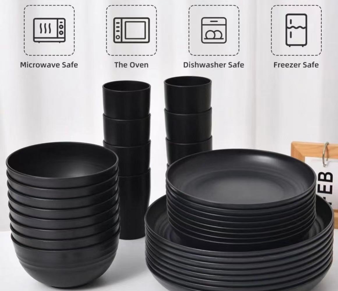 プラスチック食器16点セット、大きなプレート4枚、小さなプレート4枚、マグカップ4個、ボウル4個付き、屋外ピクニック、キャンプピクニック用