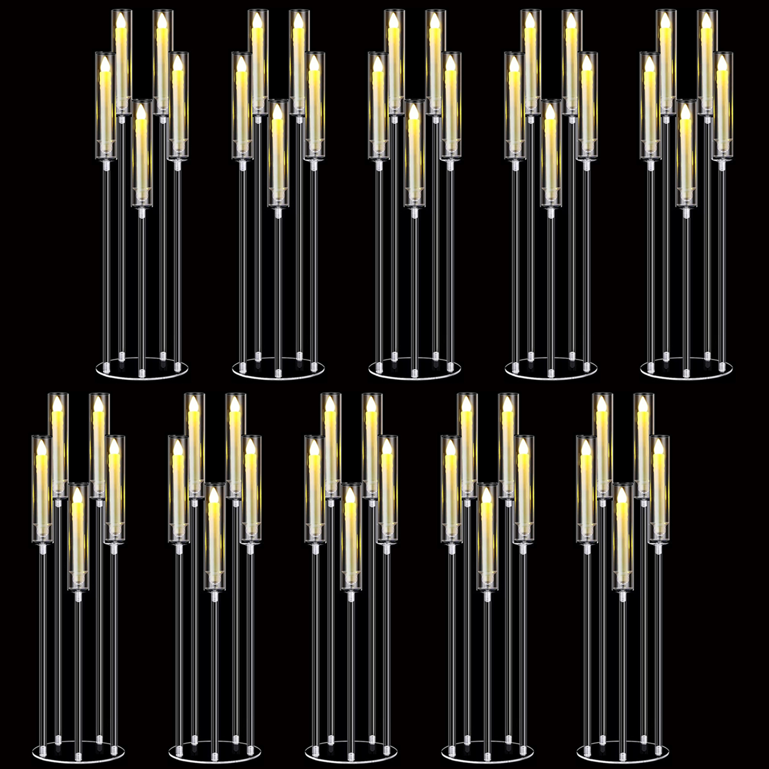 8 セットのアクリル燭台センターピース LED キャンドル付き結婚式用 33.9 インチ 5 アーム燭台ホルダー D 用アクリルシェード付き