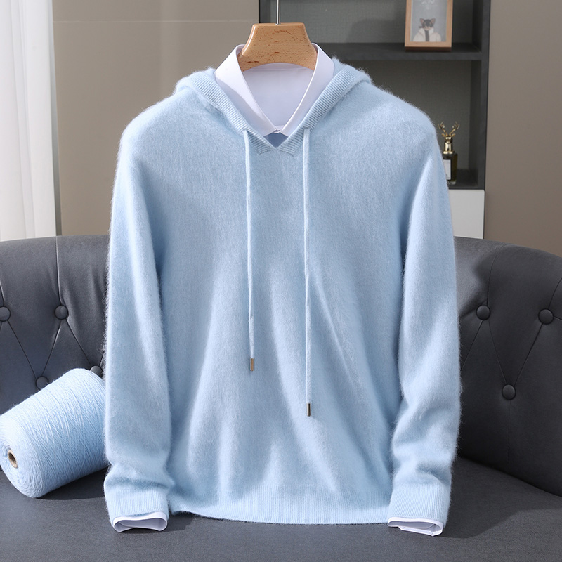 紳士服: 100% ピュアミンクカシミヤニットセーターカジュアルでゆったりとした大きいサイズのフード付きプルオーバー秋冬新製品