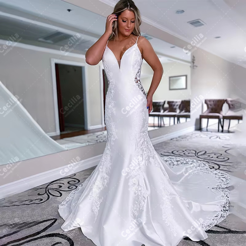 Gorgeous Wedding Dresses Satin Bridal Gowns Lace Appliques Sleeveless Sexy свадебное платье Elegant Vestidos De Novia Customized