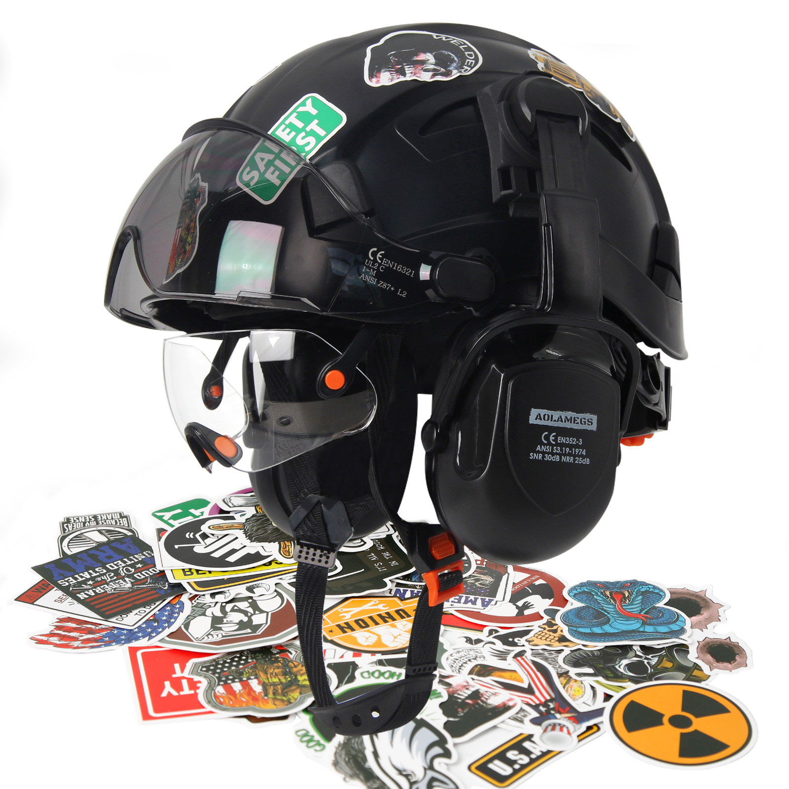 CE 建設安全ヘルメットバイザー内蔵ゴーグルイヤーマフ ANSI エンジニアハード帽子 W/50 個防水 DIY ステッカー