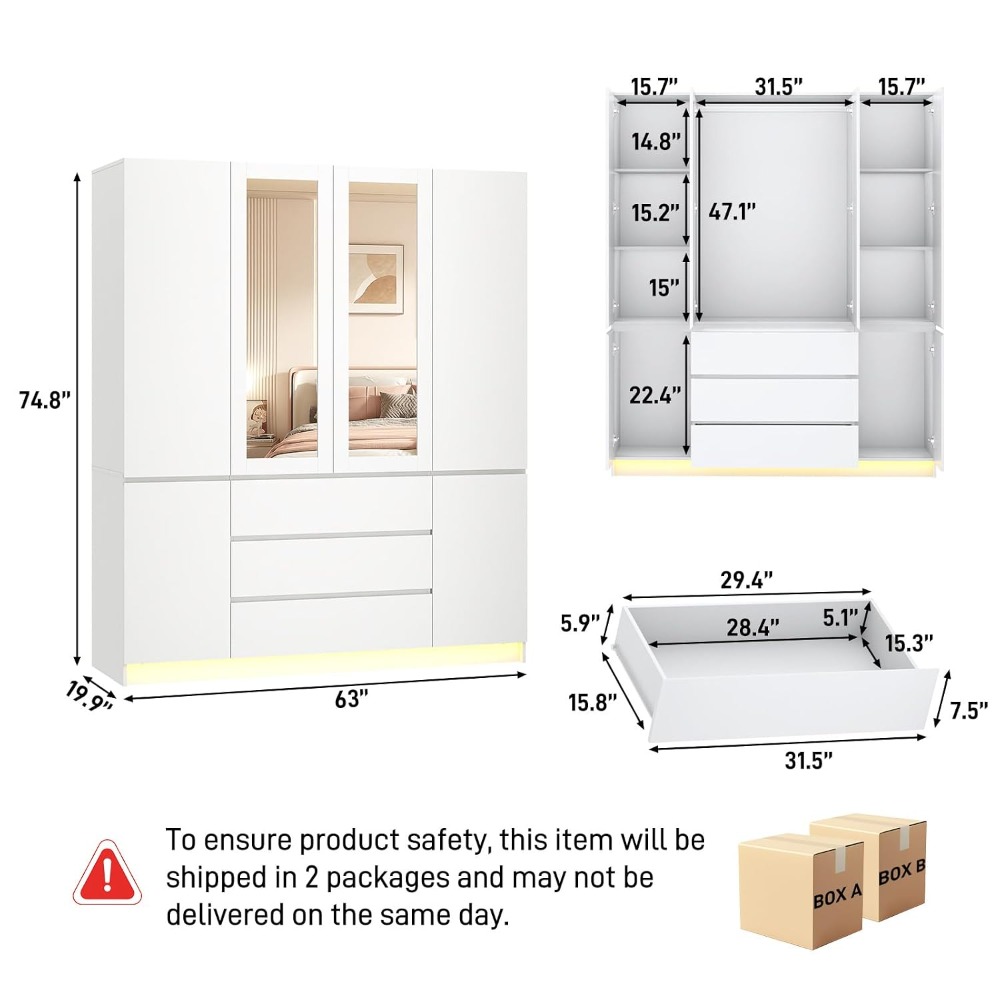 75"H 4 Doors Wooden Wardrobe 3 Drawers & 2 Mirrors Hanging Clothes Storage Cabinet, Custom
