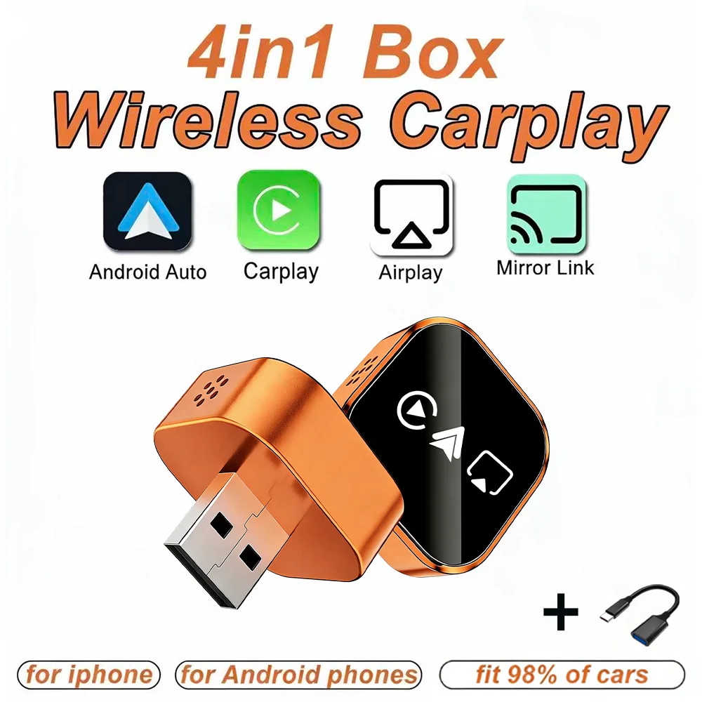 2026 アップグレード 4-In-1 ワイヤレス Carplay アダプター ミニ コンパクト プラグプレイ デュアル バンド WiFi BT と Apple Android Auto と互換性あり
