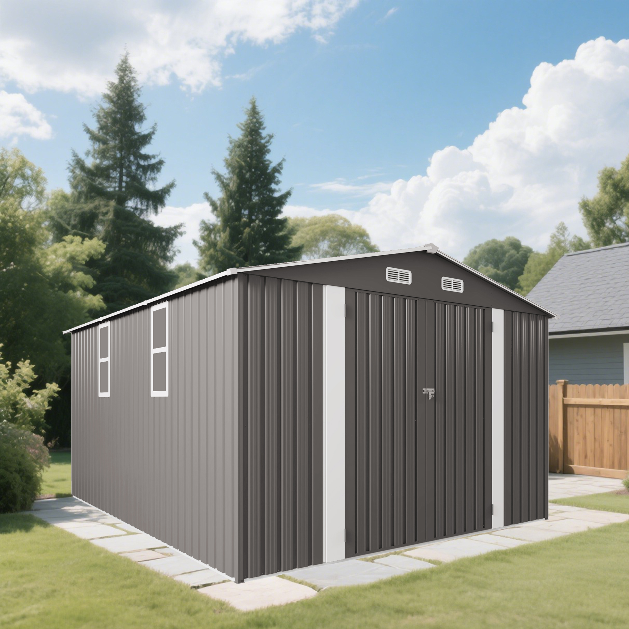 SUSUA10x12FT 屋外収納小屋 金属製庭小屋 二重ドア 2 窓付き 裏庭パティオ芝生用防水ツール小屋