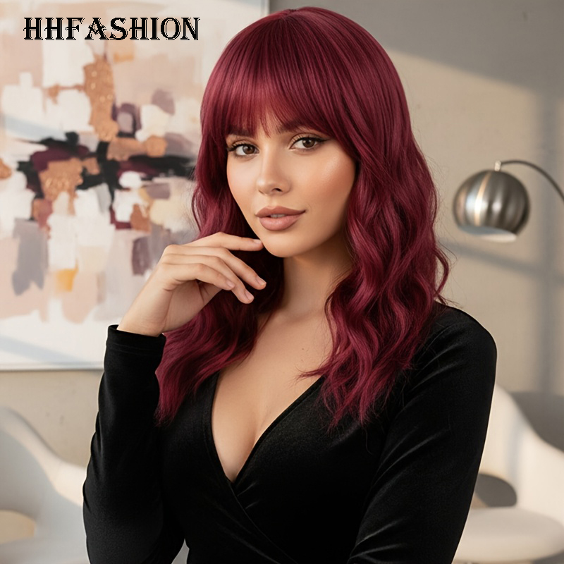 ワインレッドボブ合成かつら女性のためのショートウェーブカーリーヘア前髪付き 14 インチナチュラルルックパーティーコスプレ衣装かつら