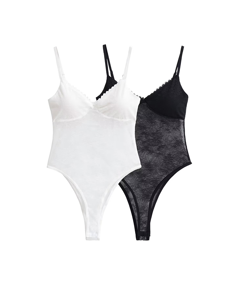 女性 V ネック花柄ブラックレースメッシュボディスーツ調節可能なスパゲッティストラップハイスプリットトップスジャンプスーツ 2 色