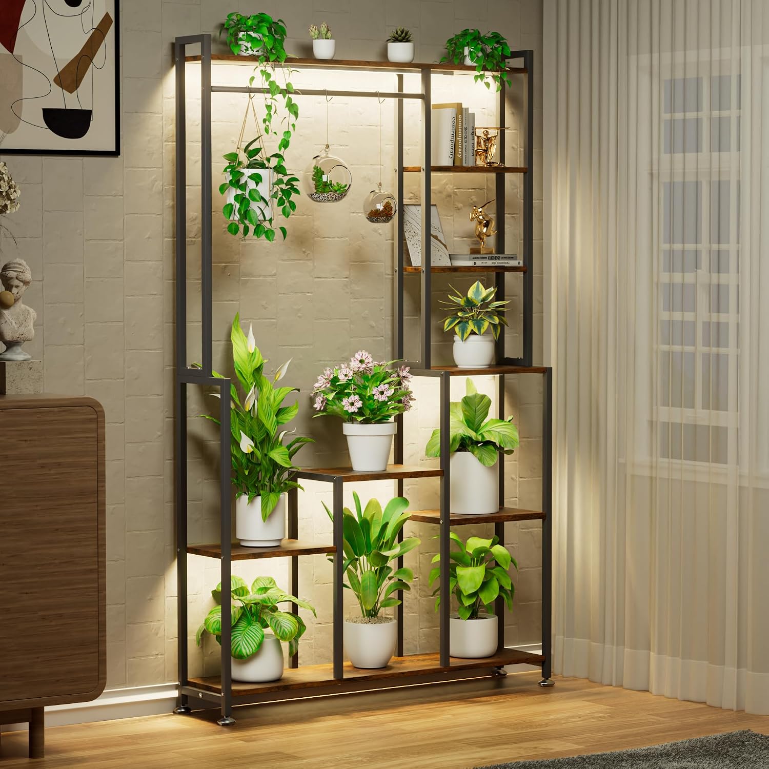 71インチ 8段植物スタンド 成長ライト付き 屋内植物用の大型金属棚 リビングルーム用の背の高いフラワーラック バルコニー