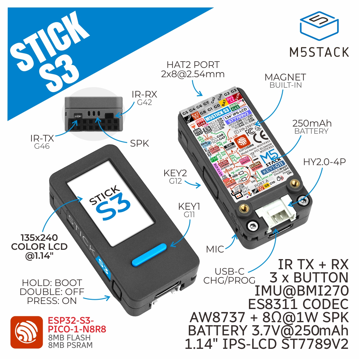 M5Stack 公式 M5StickS3 ESP32S3 ミニ IoT 開発キット