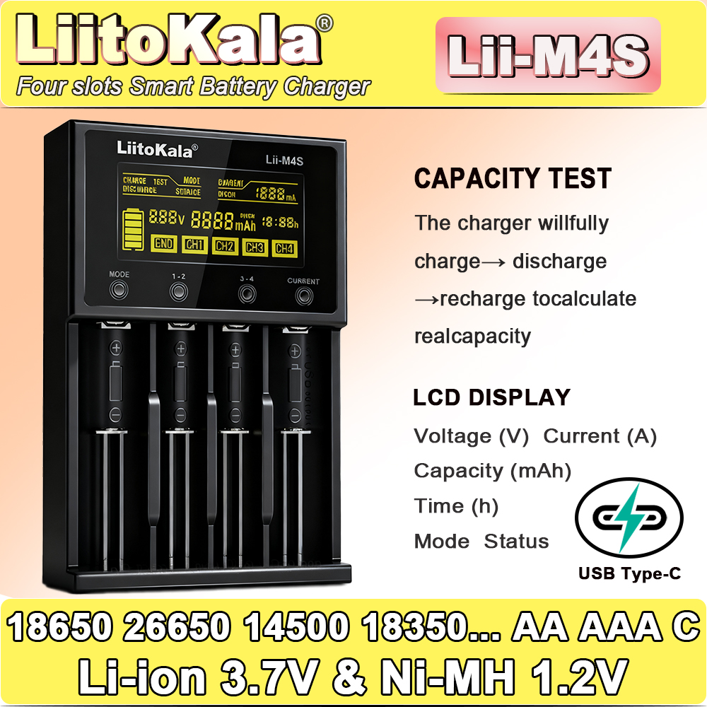 LiitoKala Lii-M4S タッチ充電器 (4 スロット)-300-1000mA LCD 容量テスター (ストレージモード付き)