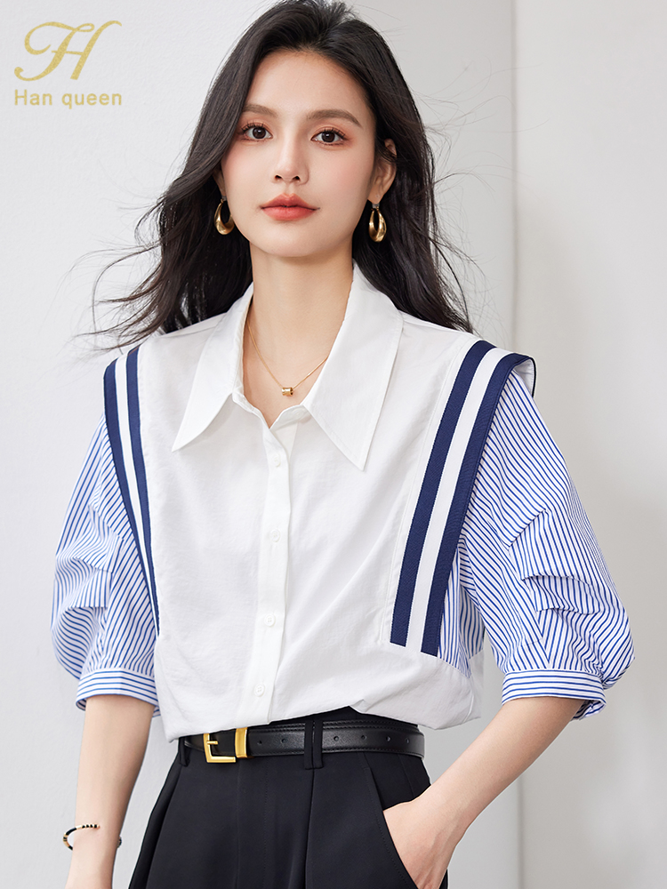 夏の韓国女性カラーブロッキングストライプヴィンテージトップスシフォン半袖カジュアルオフィスシャツエレガントなブラウス