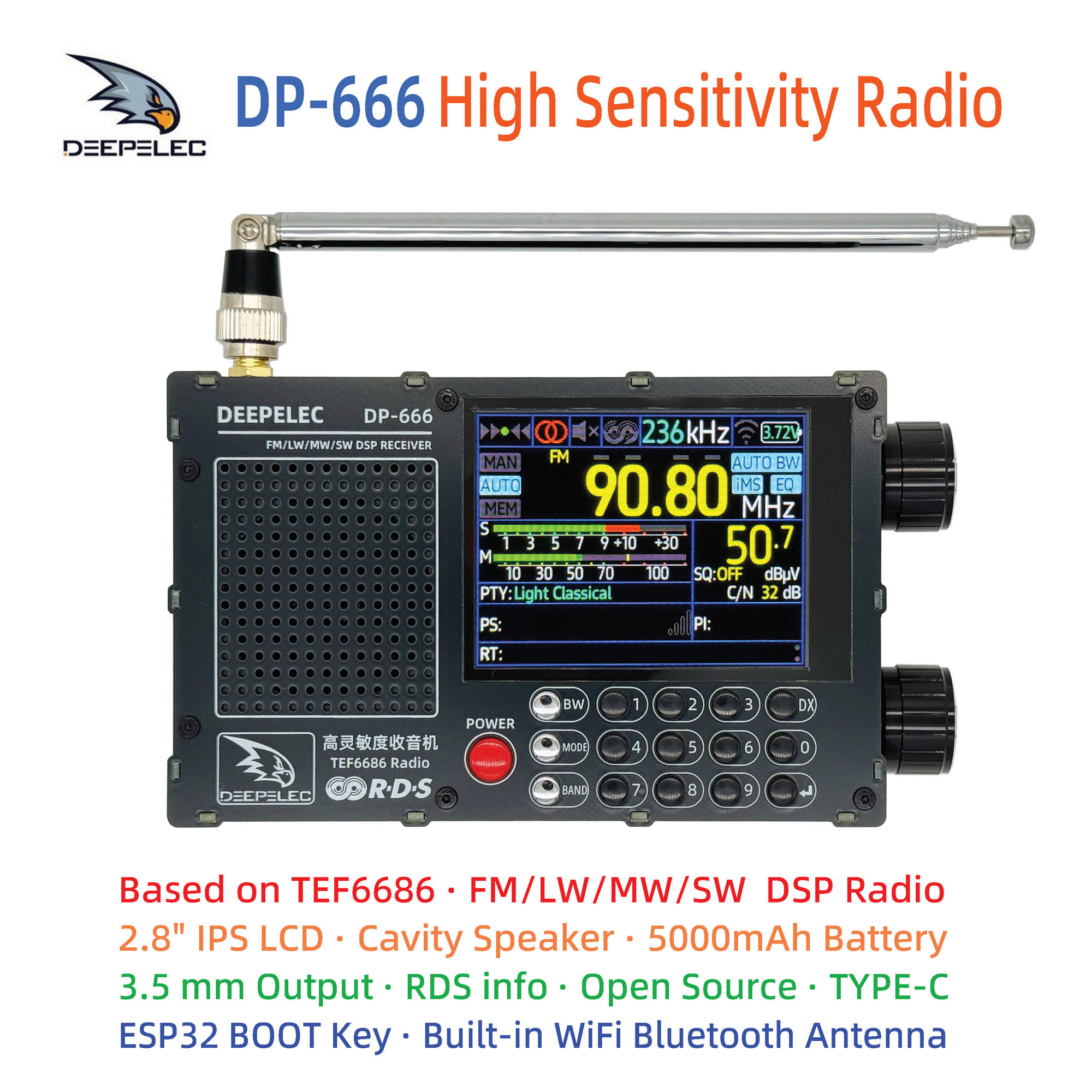 DP-666 TEF6686 ラジオ 高感度フルバンド FM AM LW MW SW 短波 ESP32 RDS 2.8 インチ IPS 液晶 DEEPELEC