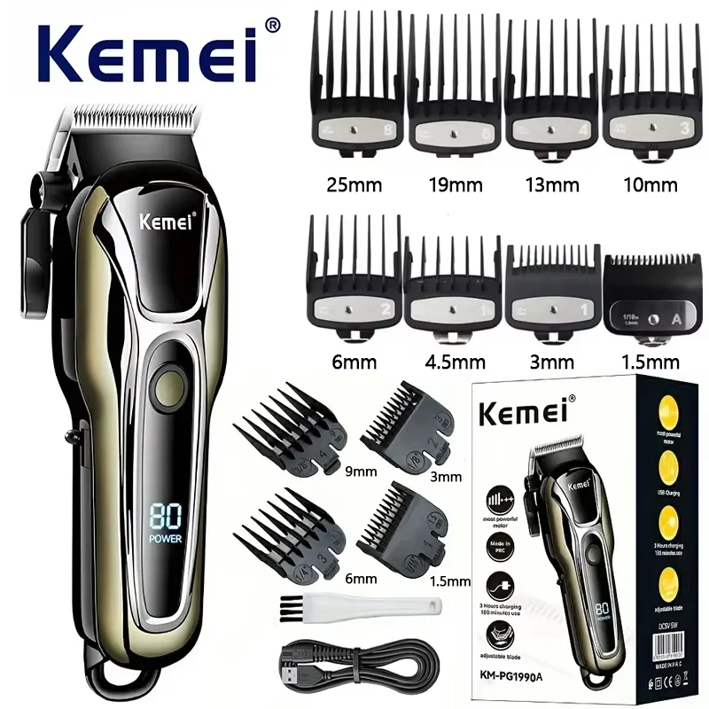 Kemei KM-PG1990A USB 充電式電気バリカンプロフェッショナルコードレス男性ヘアトリマーメンズヘアカット機理容室