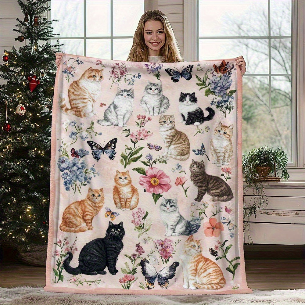 Personalized Cat Blanket Name Floral Butterfly Pattern Soft Fleece Throw Gift Home Decor Pet Theme