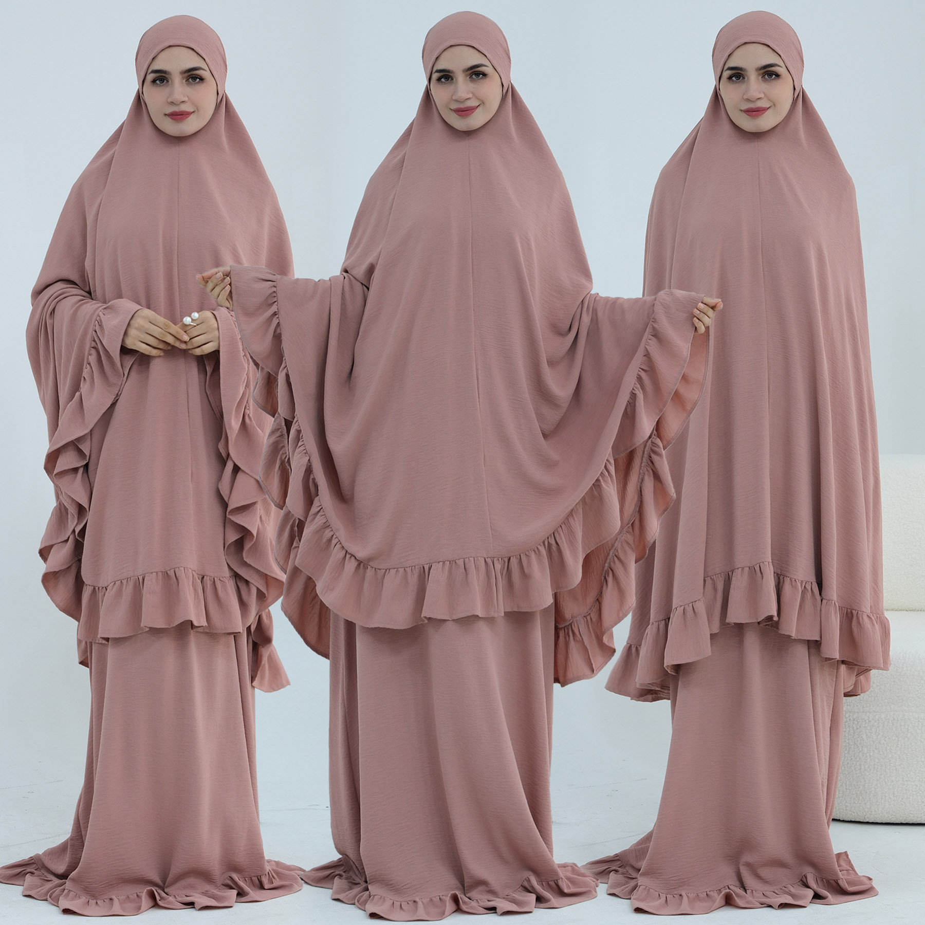 イスラム教徒の女性の祈りの甘いフリルアバヤキマールセットサイドポケットプルオンドレス、エクストラロングキマール。ラマダン イード ヒジャビ ヒジャブ セット
