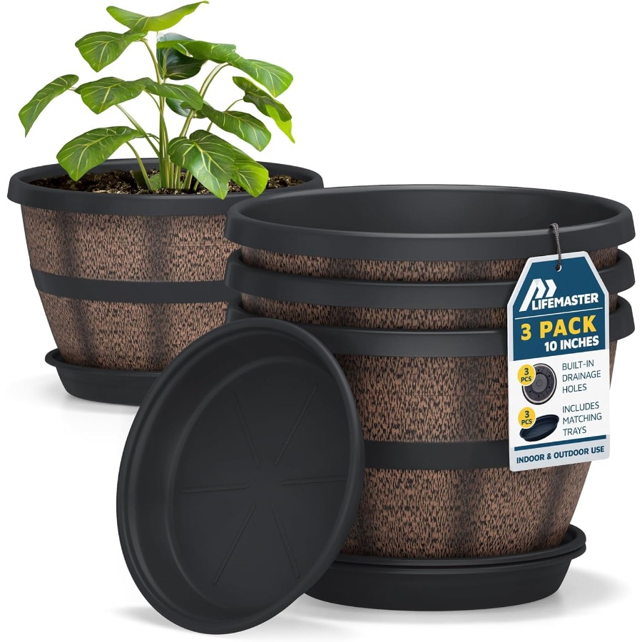 10インチ ウイスキーバレルプランター 屋外用 3個パック - 耐久性のあるプラスチック製の植木鉢、屋内および屋外での使用に対応し、排水とソーが付いています。