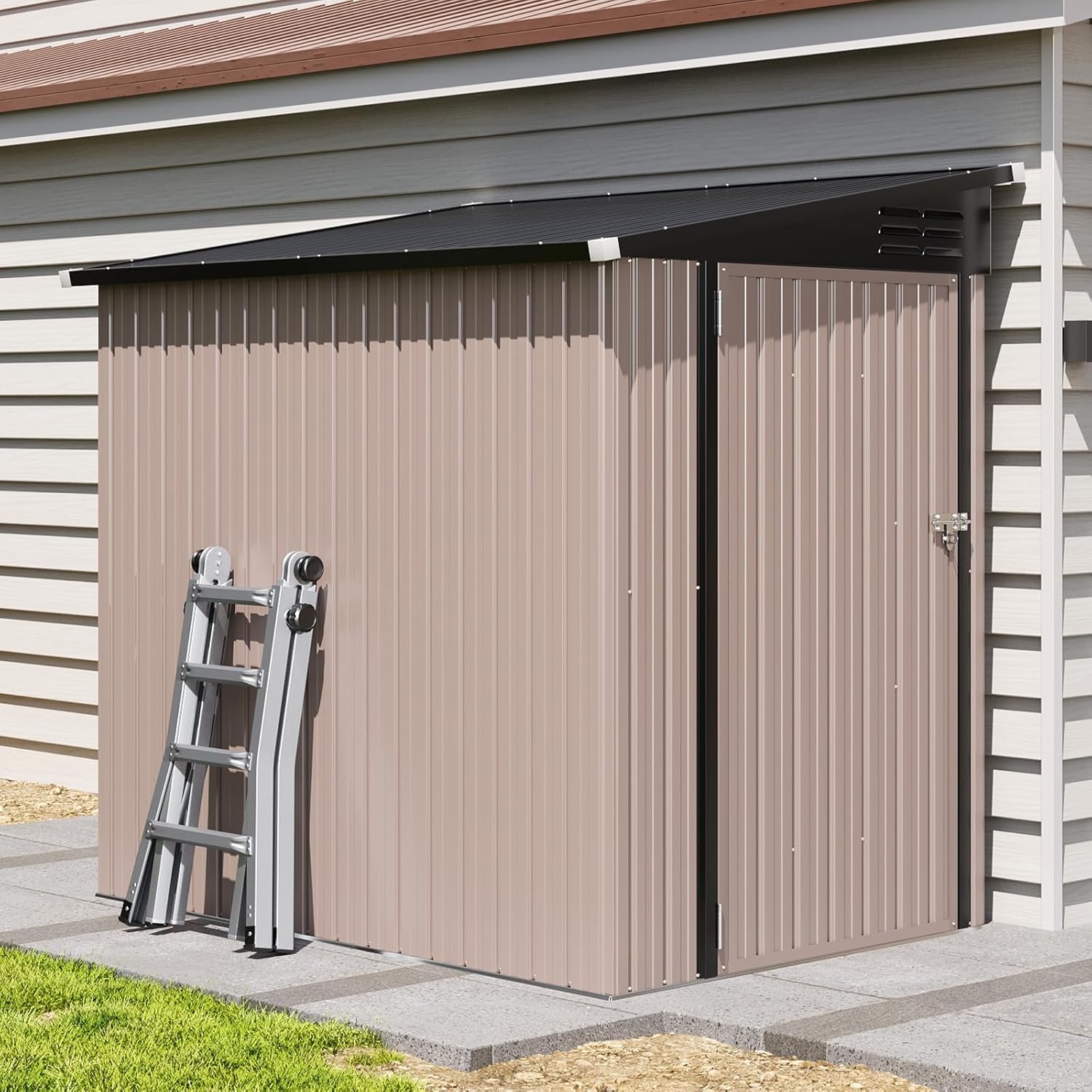 6x4フィート リーントゥスチールガーデン収納小屋 ロック可能 防水 防錆 庭 パティオ 裏庭 ブラウン カスタム