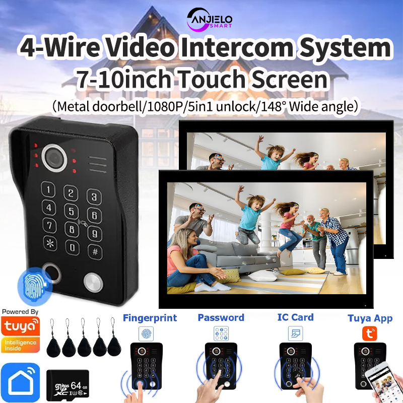 ANZIELO Tuya スマート指紋 5-in-1 ロック解除ホームビデオドアベルビデオインターホンシステム 1080P タッチモニターセキュリティ保護