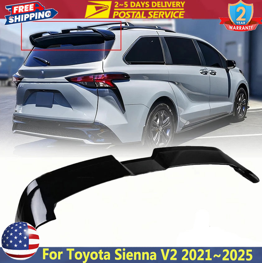 グロスブラック自動リアトランクブーツルーフリップ蓋スポイラーキャップトヨタシエナ 2021 〜 2025 V2 リアルーフトップスポイラーウイングエクステンション