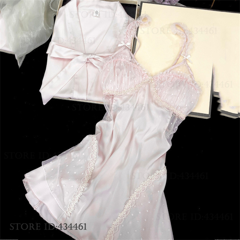 女性 Twinset ローブセットパジャマセクシーな中空アウトレースランジェリー寝間着胸パッド Summe 新しいサテンナイトガウンホームウェア