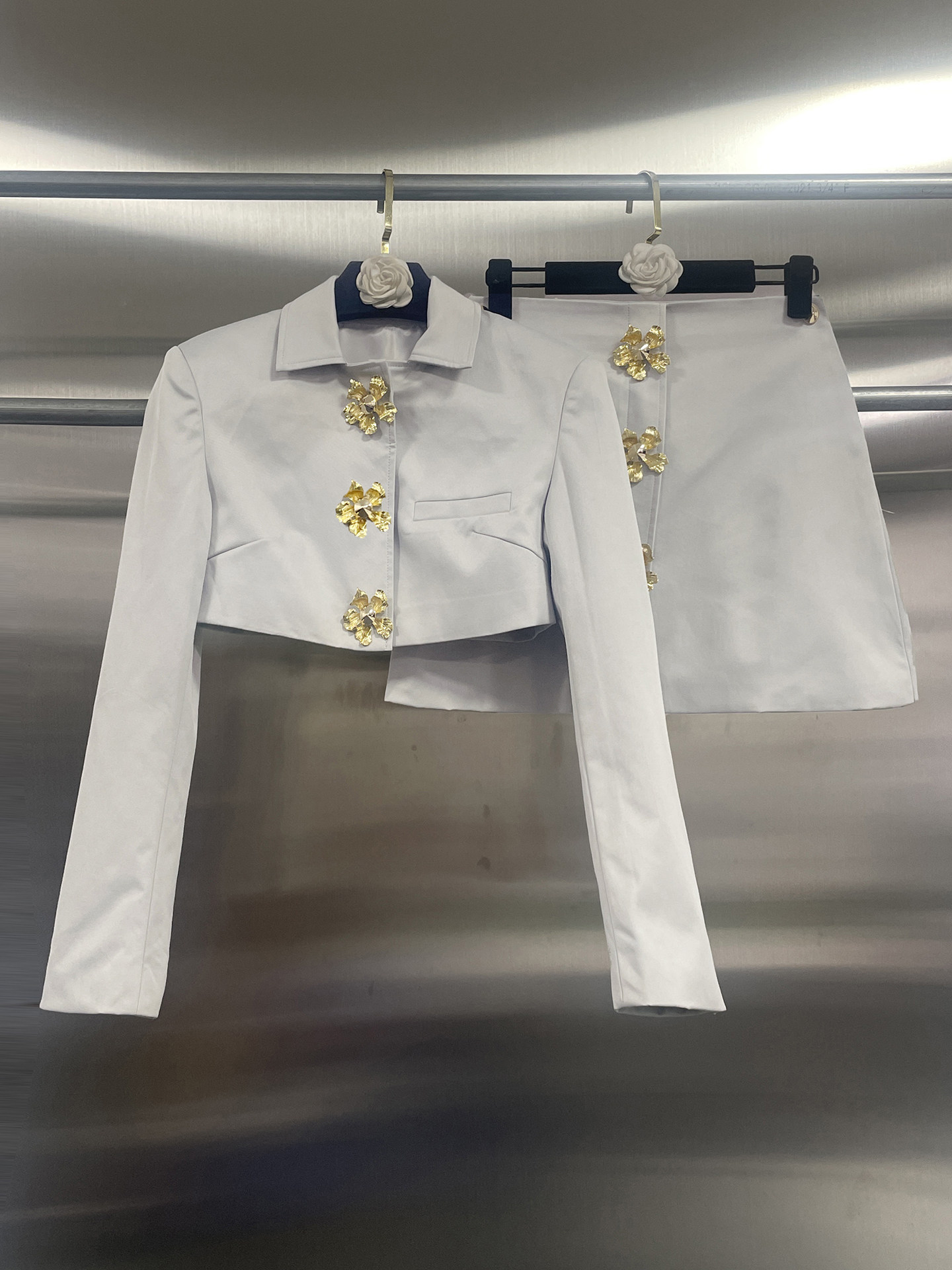 Trendy Elegant Metal Button Blazer & Cropped Midi Skirt Two-Piece Set – Fashion Women’s Suit Outfit