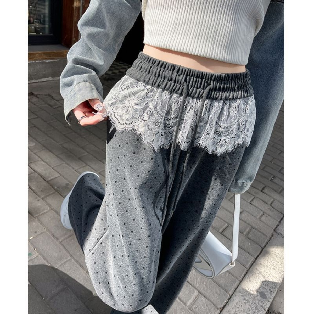 カジュアル薄型ファッションルーズ水玉巾着レースフラワー基本ストレートパンツ Y2k 女性ルーズデイリーホリデーパンツズボン