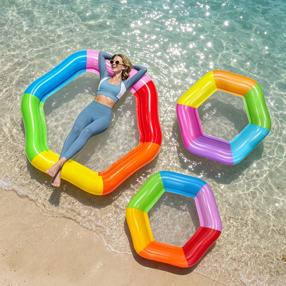1pc レインボー六角インフレータブルプールフロート、メッシュシート付き、大人用ウォーターハンモックラウンジャー、夏のスイミングプールフロート