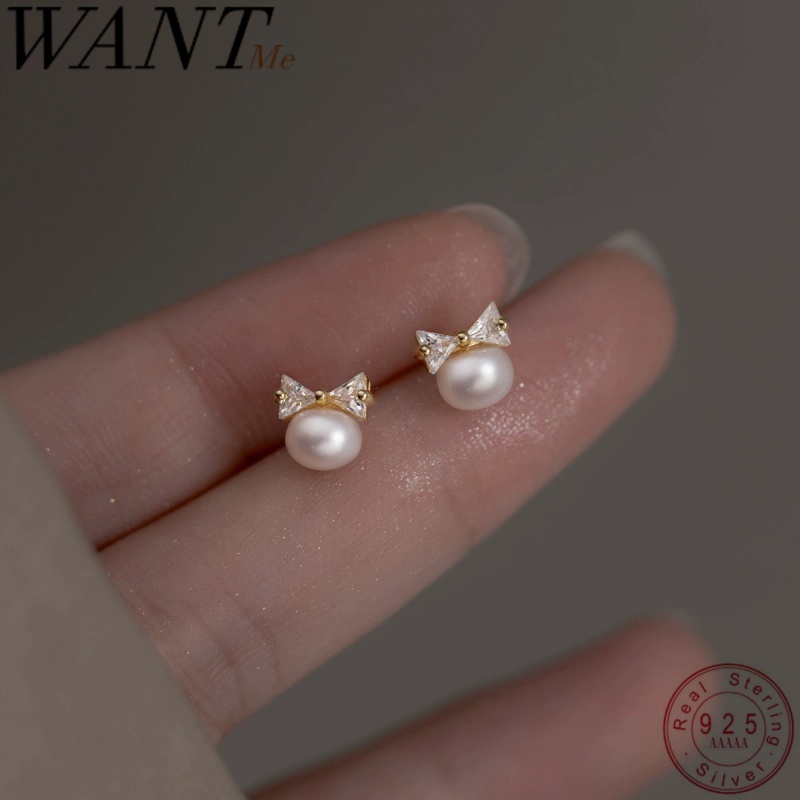 WANTME 925 スターリングシルバーファッションナチュラルバロックパール高級ジルコン弓のスタッドピアス女性のためのエレガントな韓国のパーティージュエリー