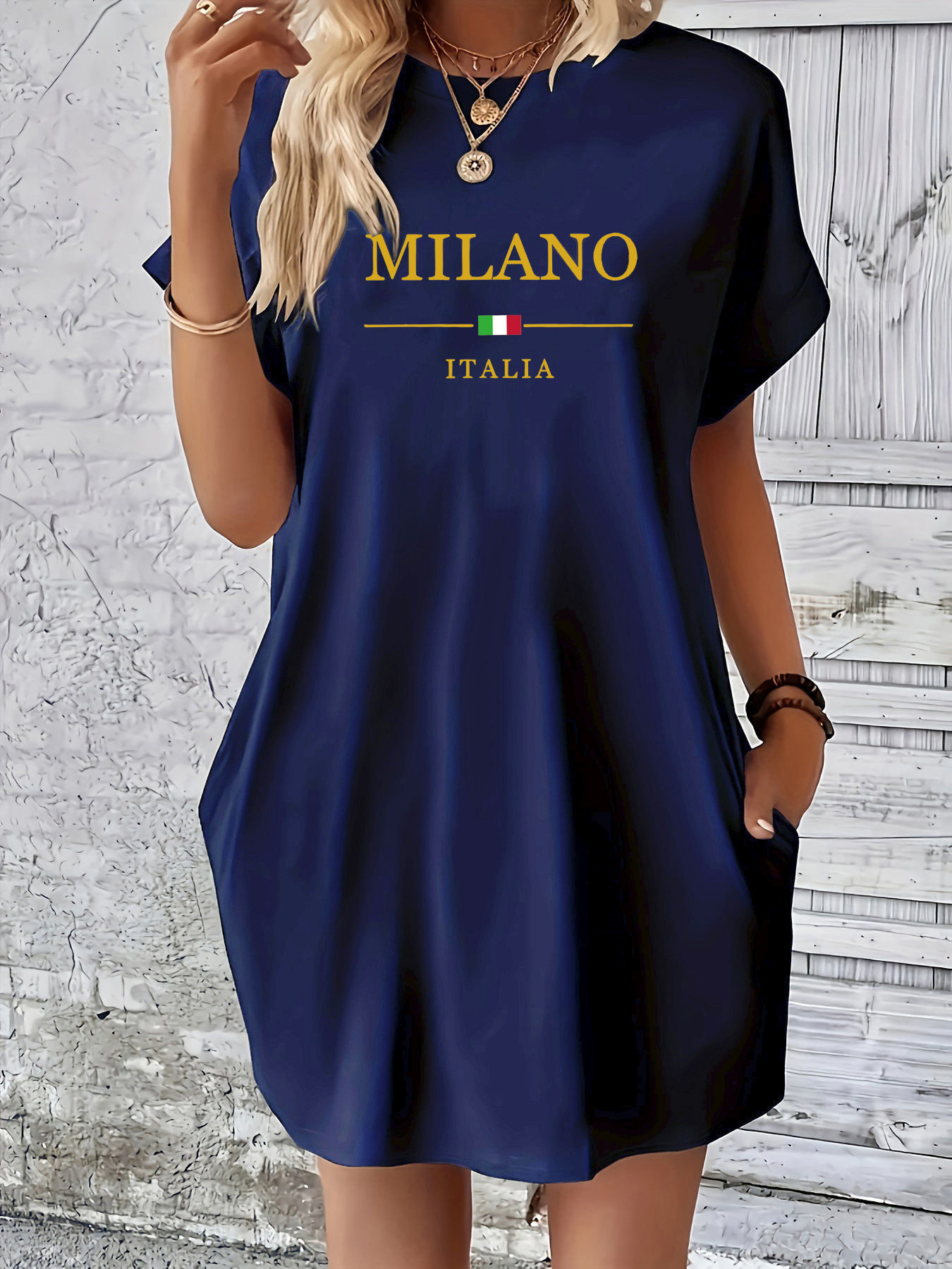 レディース夏ルーズMILANO ITALIAレターパターンプリントラウンドネック半袖ポケット快適なカジュアルプラスサイズドレス