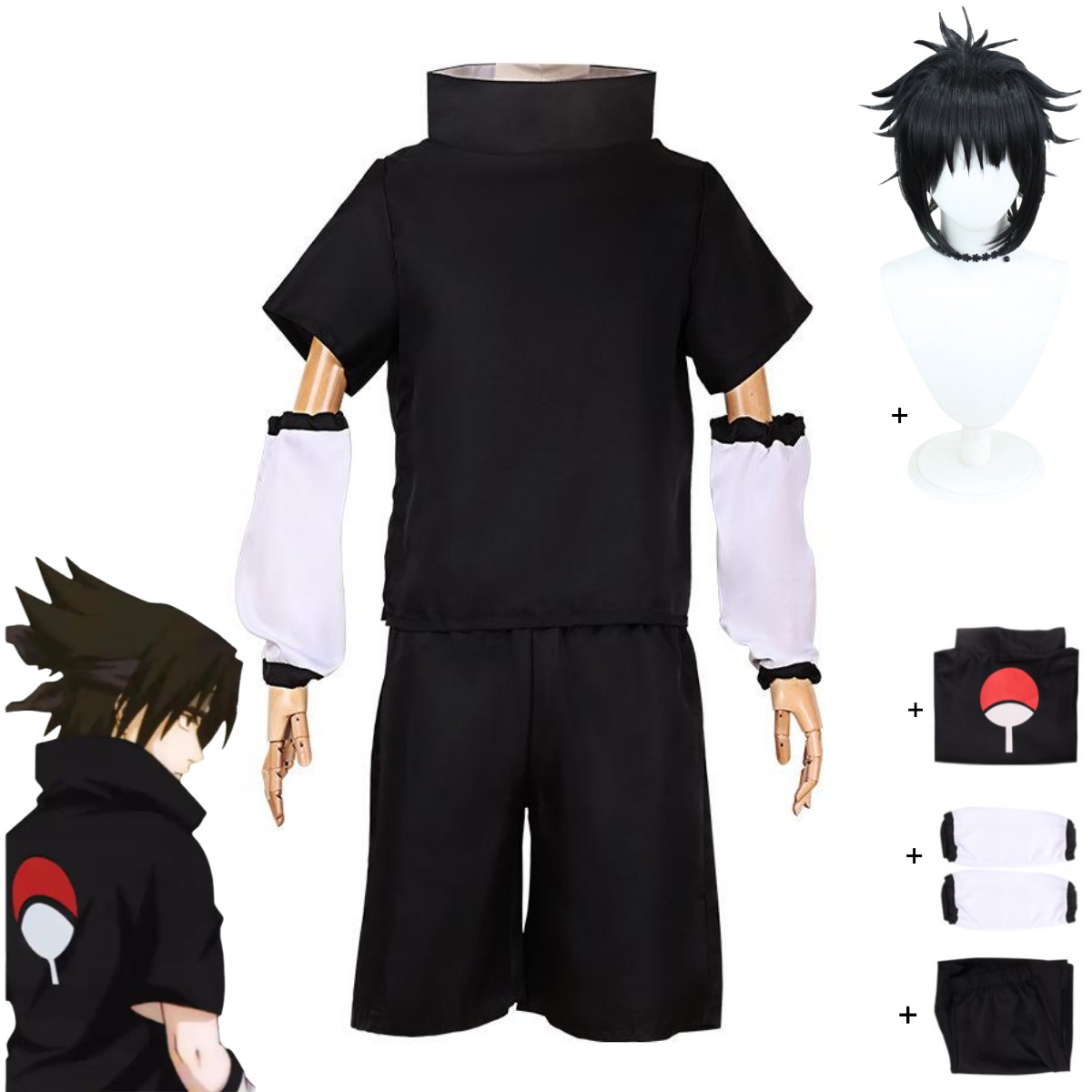 アニメうちはサスケ第二世代コスプレ衣装夏黒半袖 Tシャツかつら成人男性女性クリスマスパーティースーツ