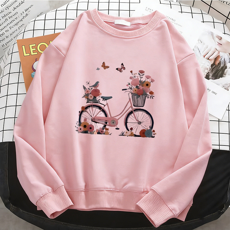 レディースパーカーレトロ花蝶自転車プリント暖かいフリーストレーナーソフト O ネックプルオーバーカジュアル女性服