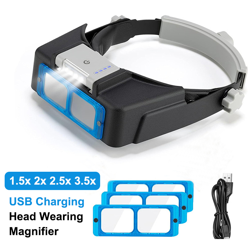 USB 充電プロフェッショナルヘッド着用拡大鏡 1.5x 2x 2.5x 3.5x アイルーペ 4 レンズ照明付き拡大鏡時計宝石商の修理