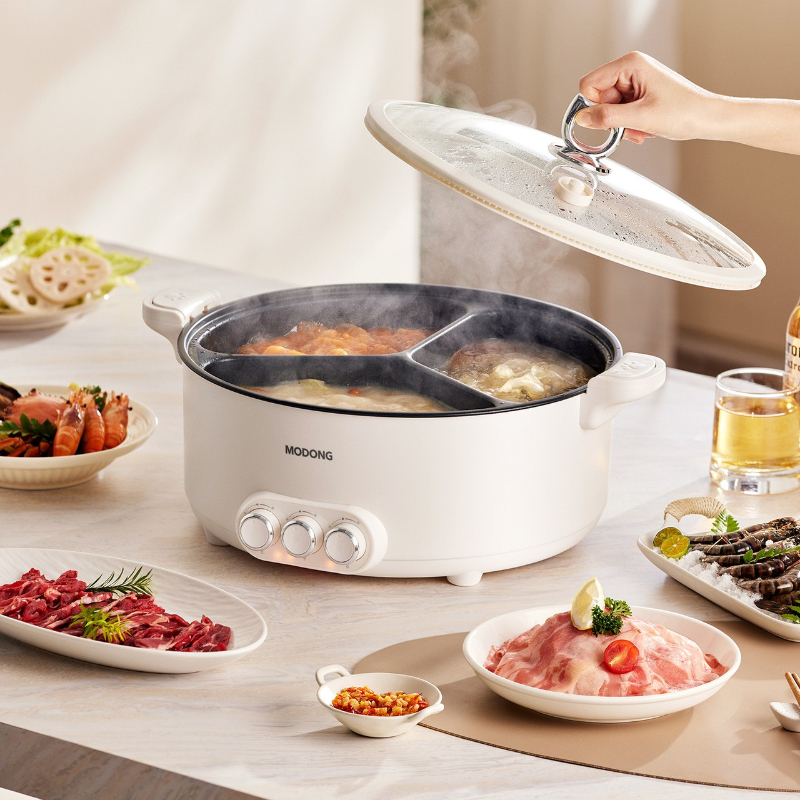 トリプルコンパートメント電気ポット、8L 取り外し可能な多機能調理器、スマートアンチオーバーフロー非燃焼、寮用