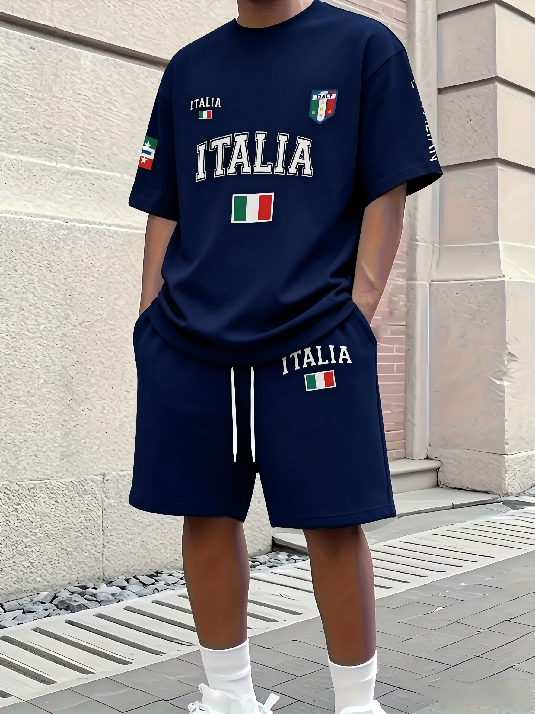 メンズ夏のファッションイタリアレタープリント快適な通気性ラウンドネック Tシャツ巾着ショーツセット屋外ストリートウェア