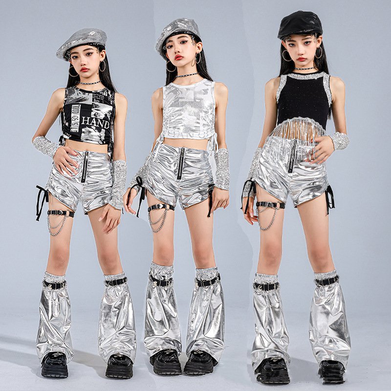 Kid Kpop Hip Hop Clothing Black Sequin Fringe Crop Tank Top Silver Metalic Side Tie Shorts for Girl Street Dance Costume Clothes