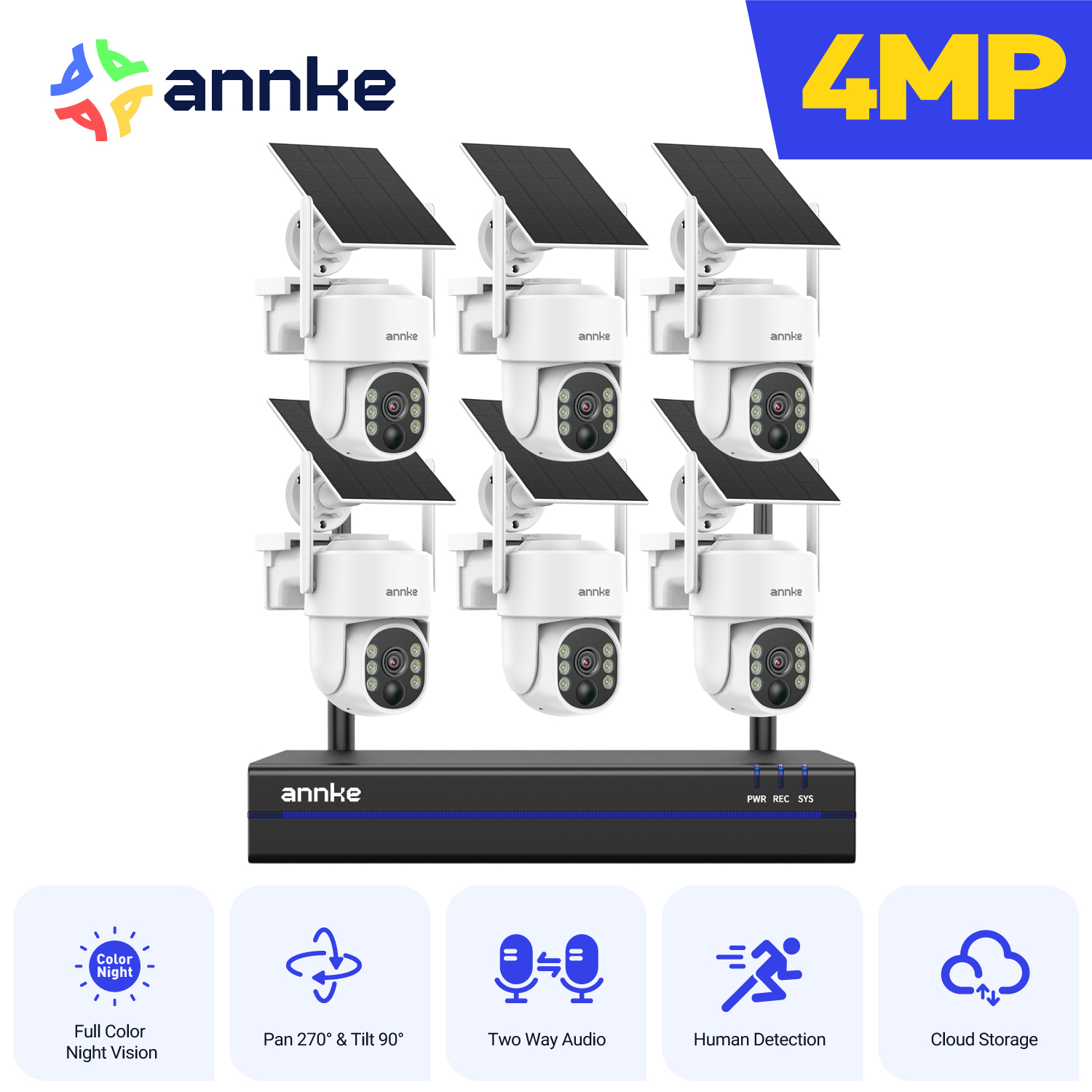 Anke 4MP ワイヤレス PT ソーラー カメラ 16CH NVR 2.4G