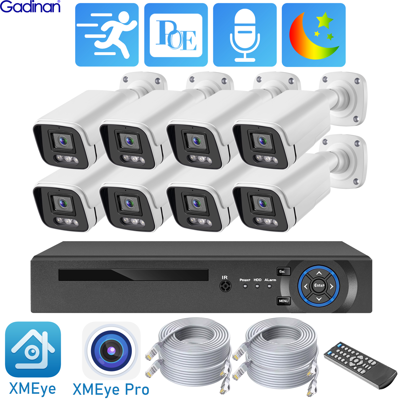 Gadinan 8CH 4CH 8MP 4K POE Security Camera System NVR Kit CCTV Outdoor Audio IP Camera H.265 P2P Video Surveillance Set XMEye