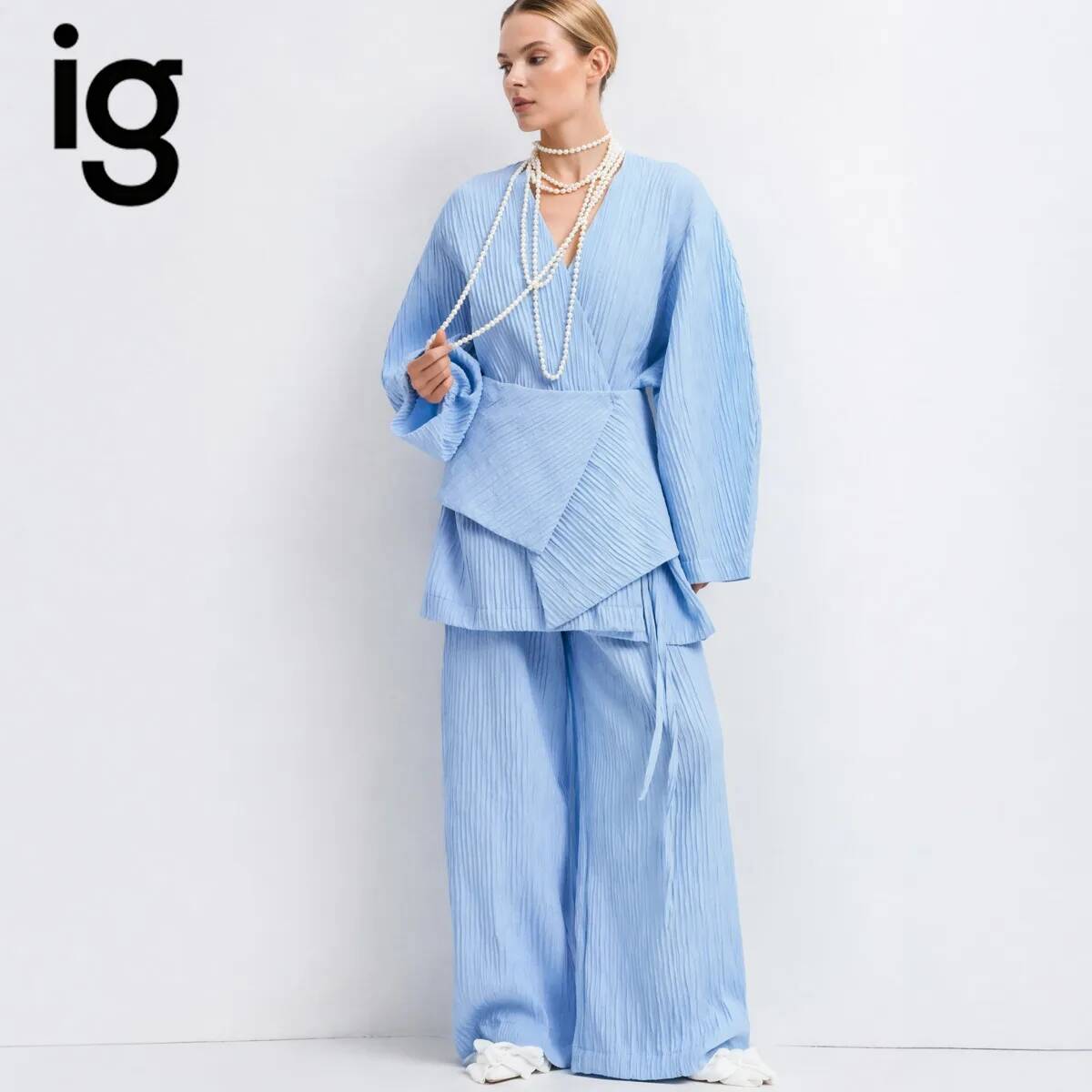 IG 2026 レディース スリーピースセパレーツコーデセット、ディープVラップ長袖トップ、不規則な巾着ウエストサッシュハイウエストルーズ