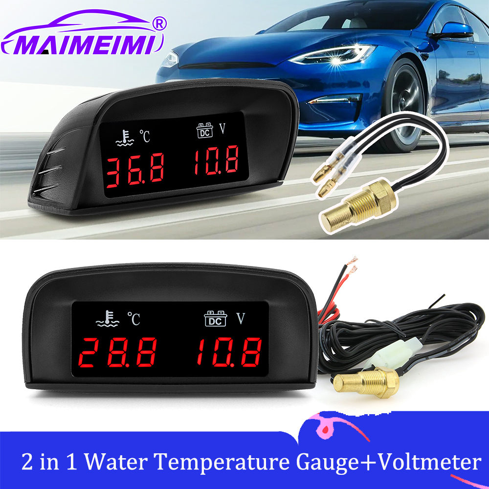 12/24V 水温計電圧計 2 で 1 車の LCD 計器水平摂氏赤色バックライト 10 ミリメートル温度センサー