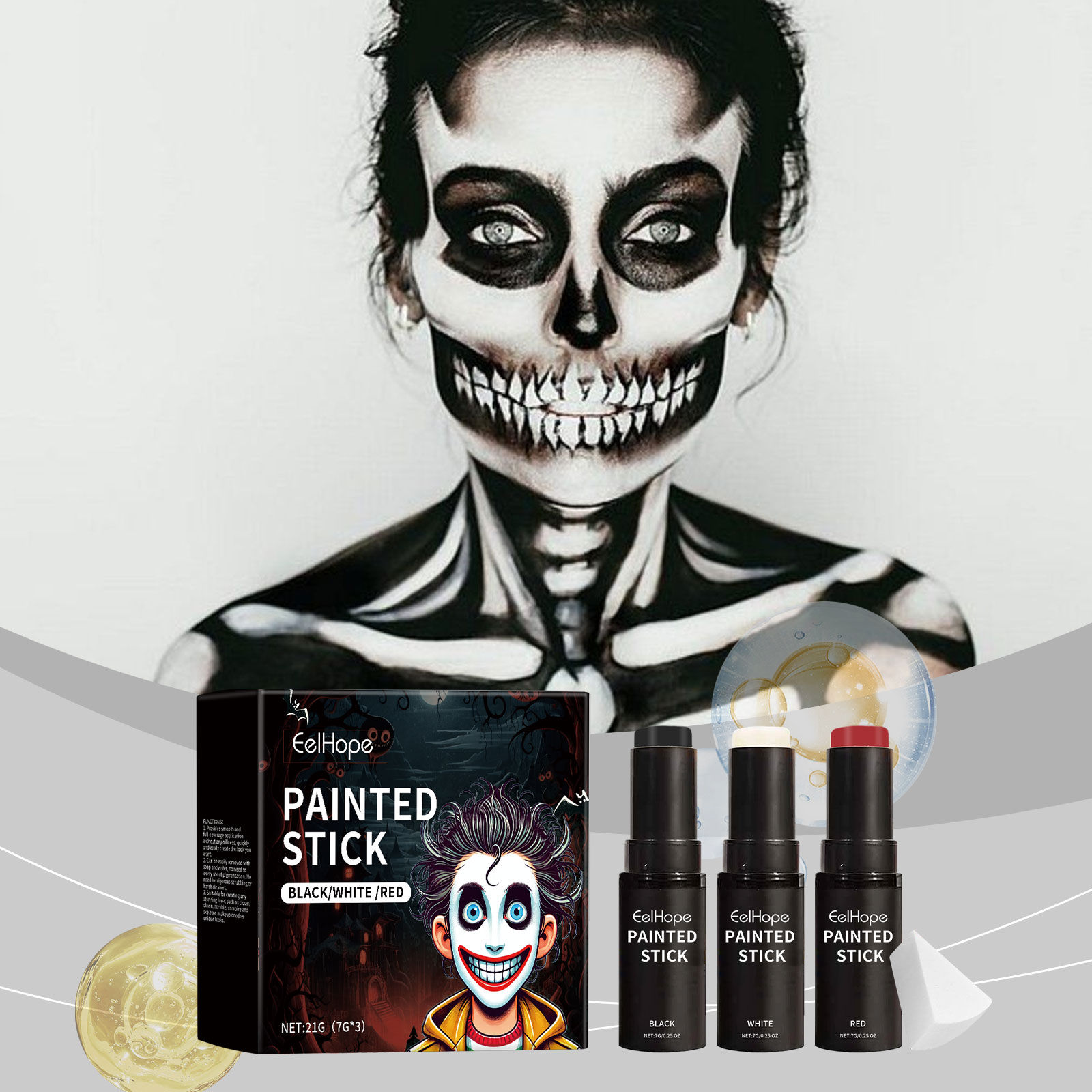 ハロウィンボディペイントスティックセット：ボディペイントファンデーション、メイクアップ、ピエロフェイスペイントをフルカバー