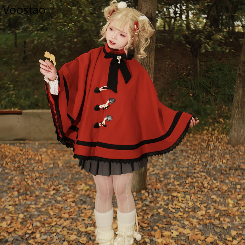 秋冬クリスマスレッドロリータスタイルかわいい甘いマント和菓子ケープかわいいルーズジャケットコート弓レースファッションポンチョ