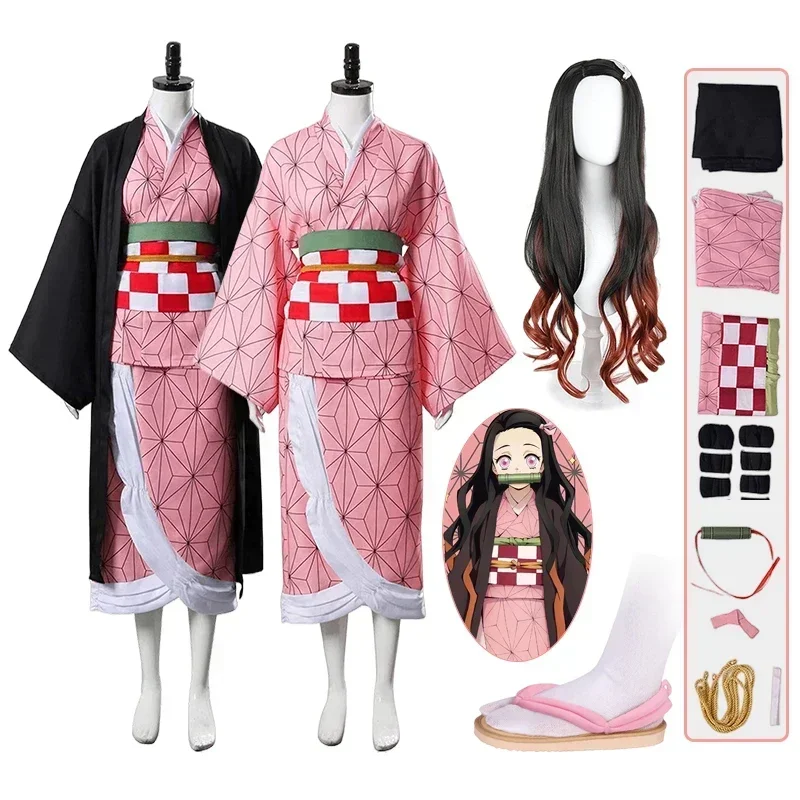 2026.アニメ竈門禰豆子コスプレ衣装コスチューム着​​物羽織かつら下駄スーツ大人子供のためのハロウィン