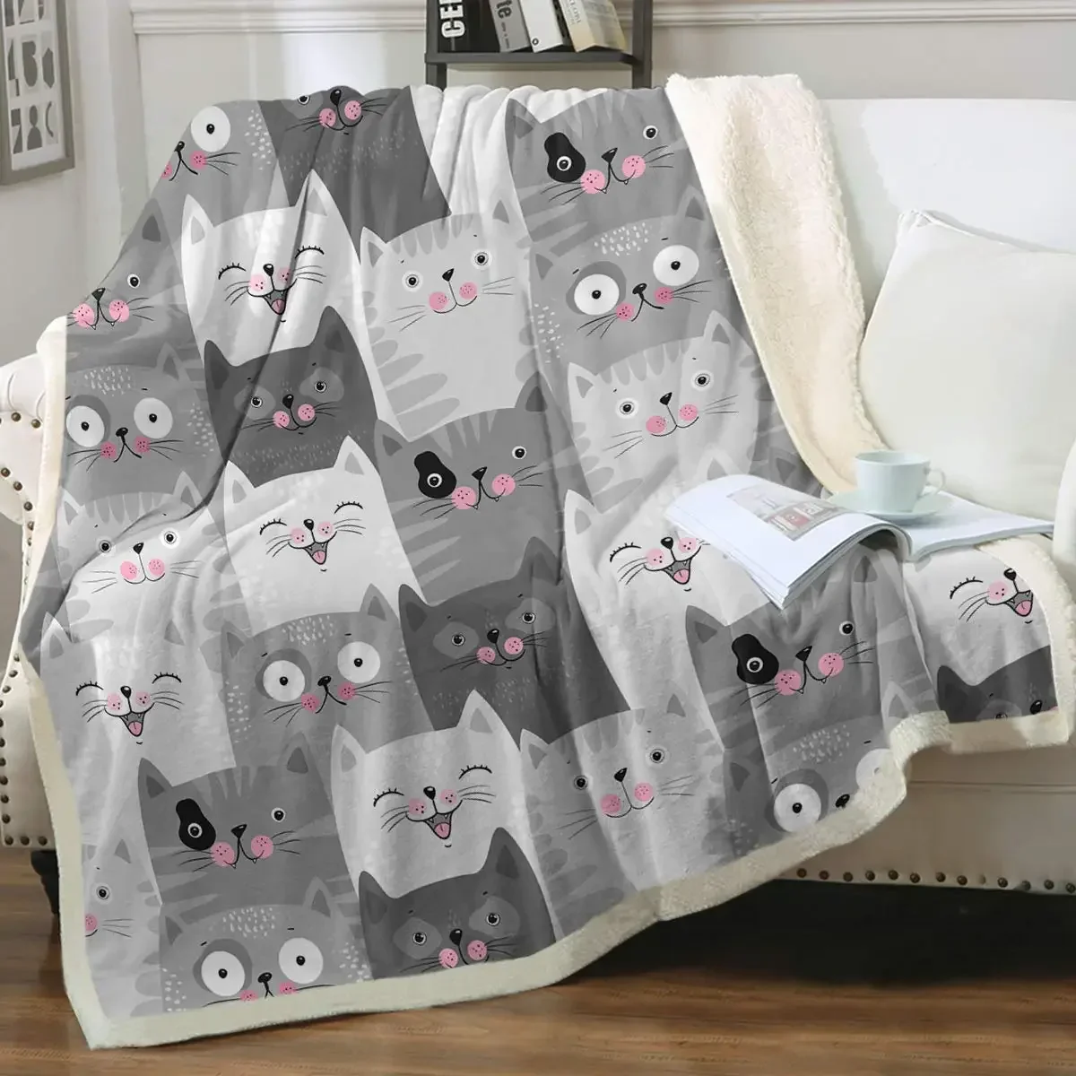 Grey and White Cats Blanket Plush Sherpa Flannel Throw Blanket for Couch Sofa Super Soft Blankets Bedroom TV Throw Blanket Full