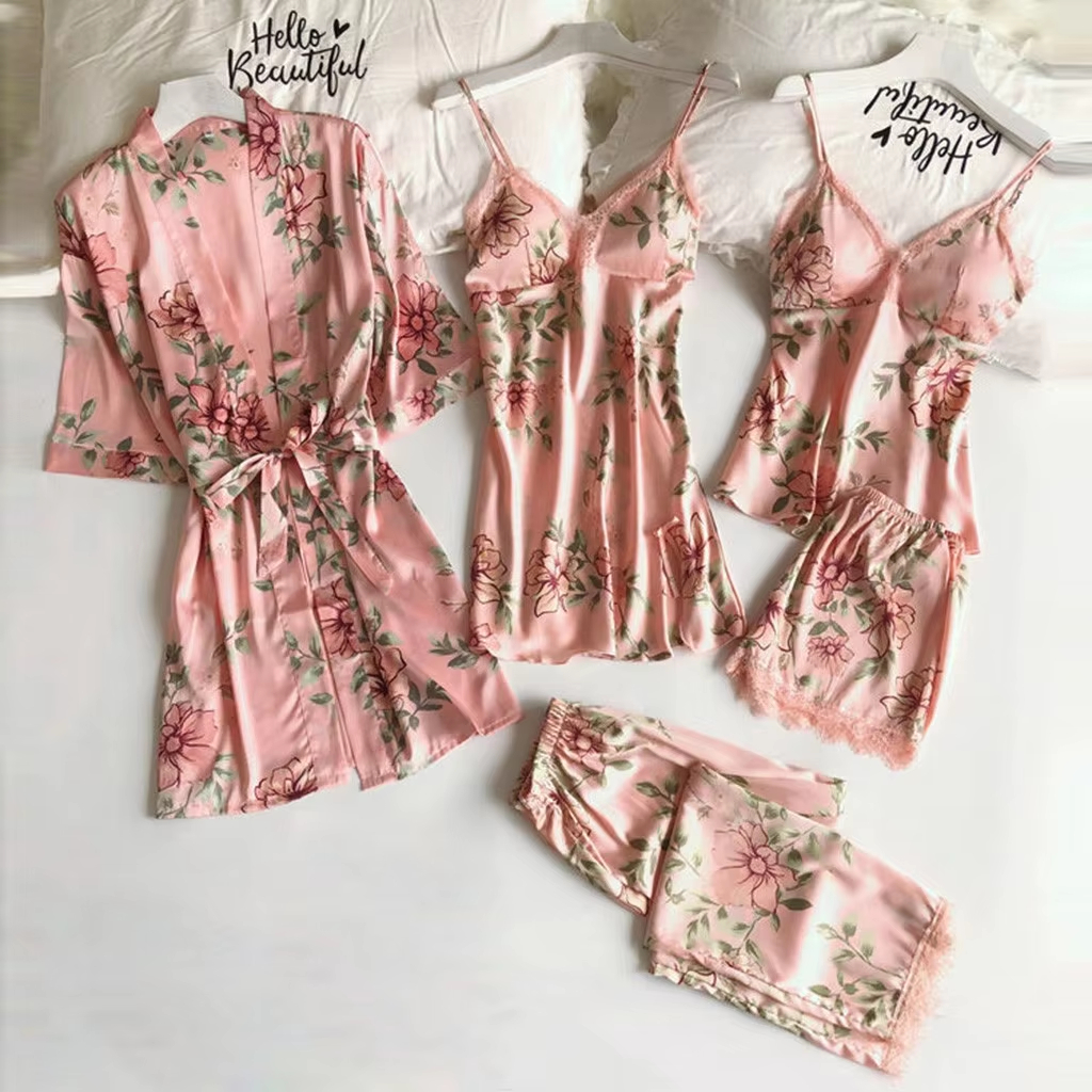 レディースセクシーパジャマファッショナブルなバスローブホーム服5点セットサスペンダーネグリジェ快適なレースのパジャマ下着