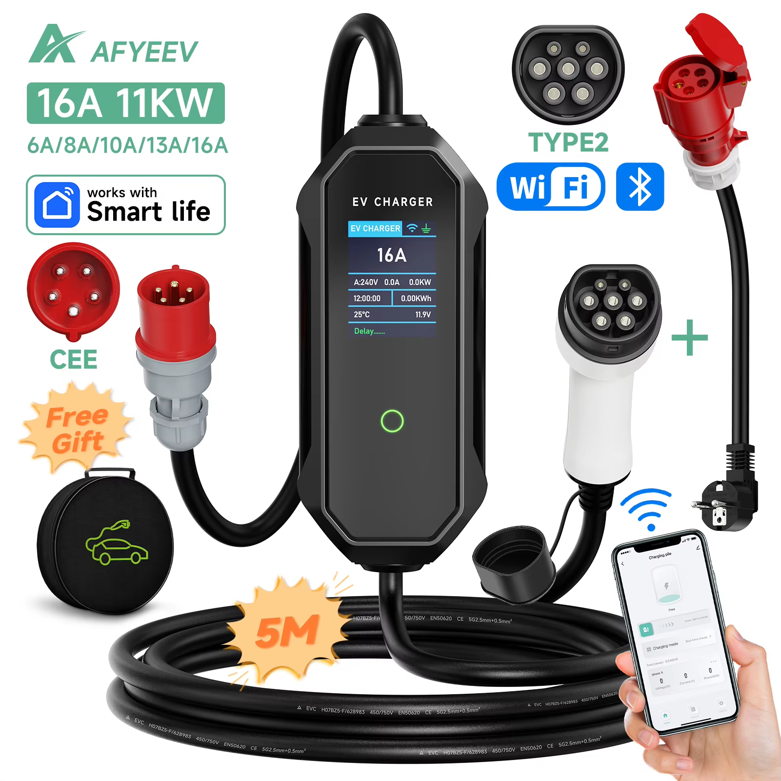 AFYEEV Type2 ポータブル EV 充電器 11KW 16A 3P GBT 車の充電器 Wi-Fi アプリ制御 EVSE 充電ボックス CEE プラグ電気自動車用