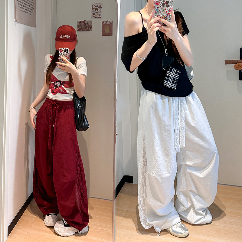 韓国スタイル レースパネル レディース パンツ ウエストゴム ワイドレッグパンツ 半薄手 レースポケット トレンディ ストリートスタイル カジュアルスタイル