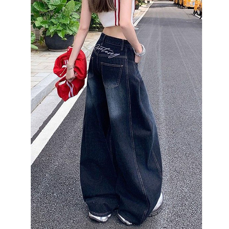 手紙刺繍ワイドレッグパンツ女性の韓国のファッションハイウエスト鎌ジーンズ女性の新しいストリートだぶだぶ Y2K デニムパンツ