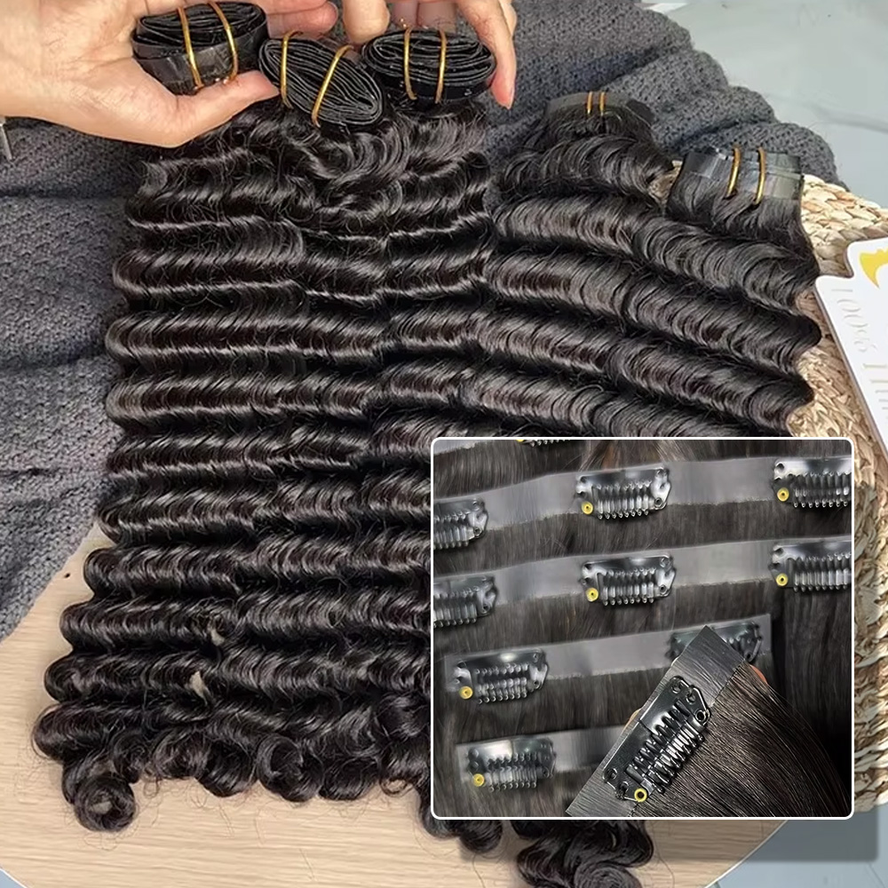 オリジナルヘアベトナム 9 個 PU クリップナチュラルディープウェーブ生人毛 100% プレミアムレミークリップヘアエクステンションテープ横糸本物の髪