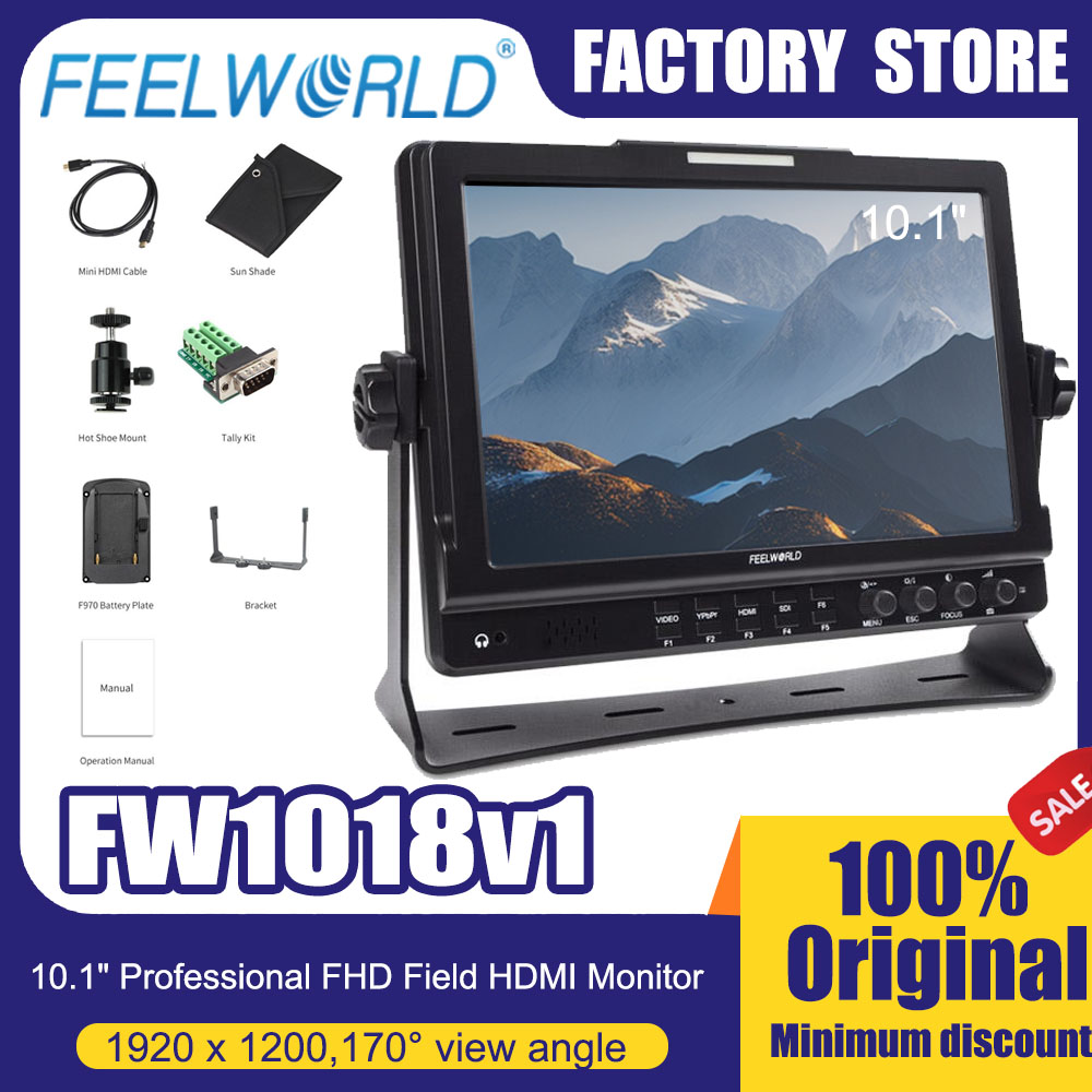 Feelworld 10.1 インチ カメラ フィールド モニター FW1018V1 フル HD 1920x1200 IPS ディスプレイ HDMI YPbPr ビデオ オーディオ入力 DSLR カメラ用